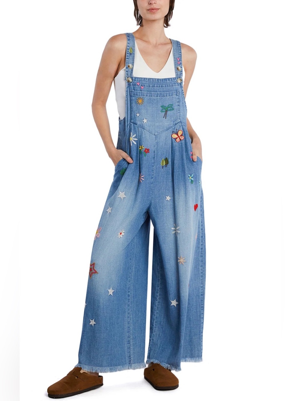Billy T Oooh La La Embroidered Wide Leg Denim Overalls S - Picture 9 of 10